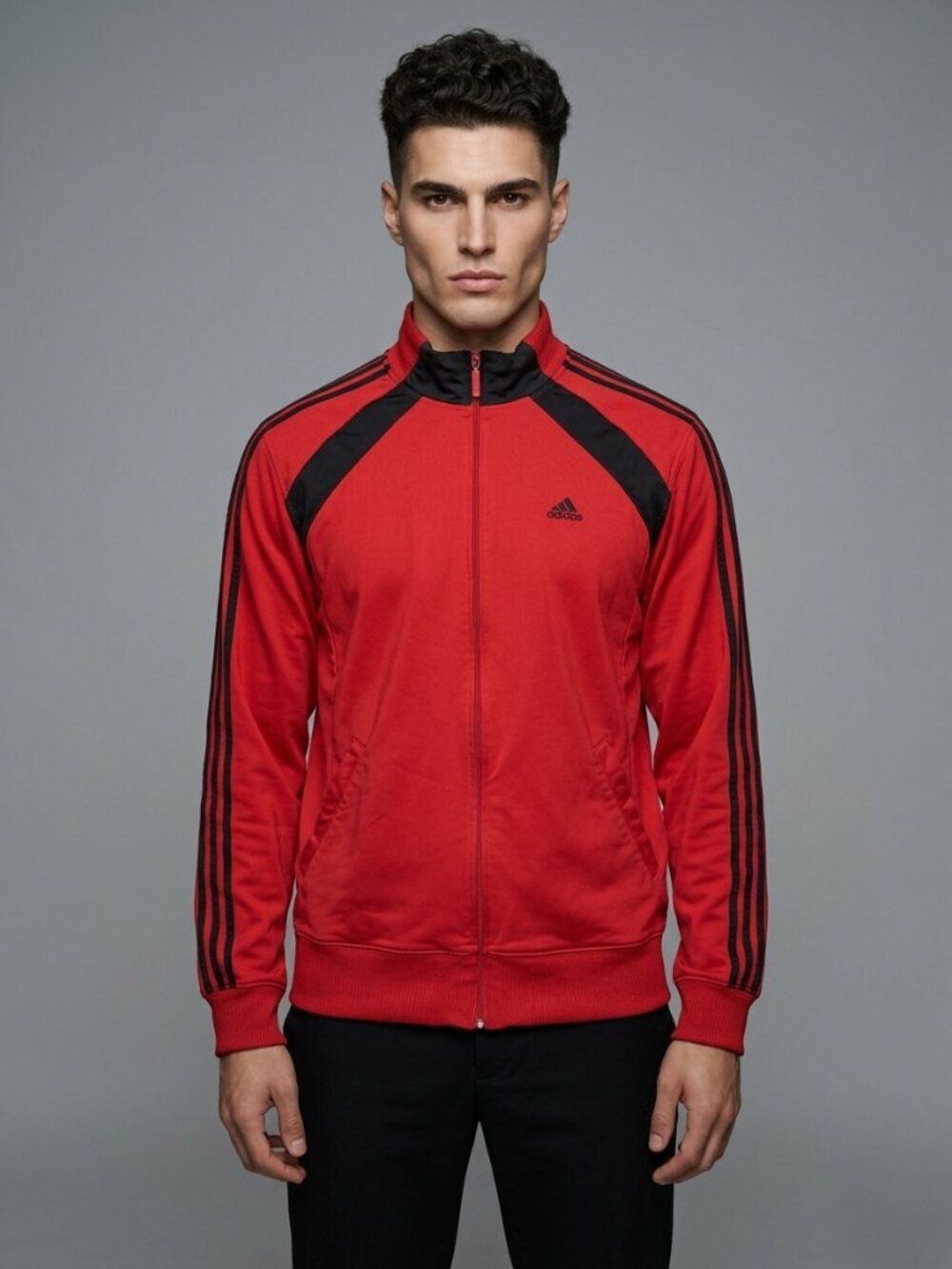 Adidas Mens Medium Track Jacket Full Zip Red Black 3 Stripe Athletic Warmup